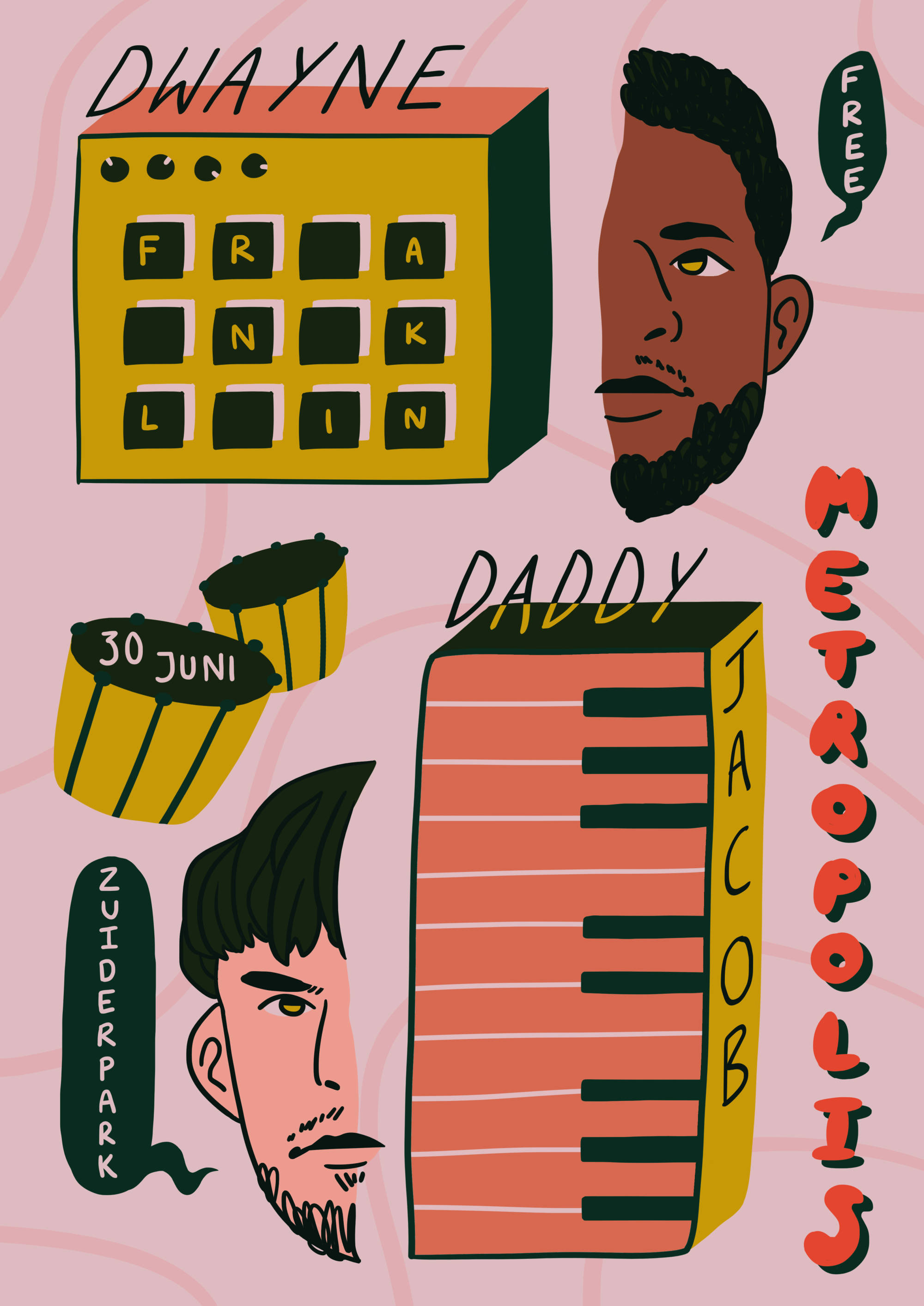 Metropolis Poster for ‘Dwayne Franklin & Daddy Jacob’ at Metropolis Festival 2019 | Illustration | Liliana van Velzen